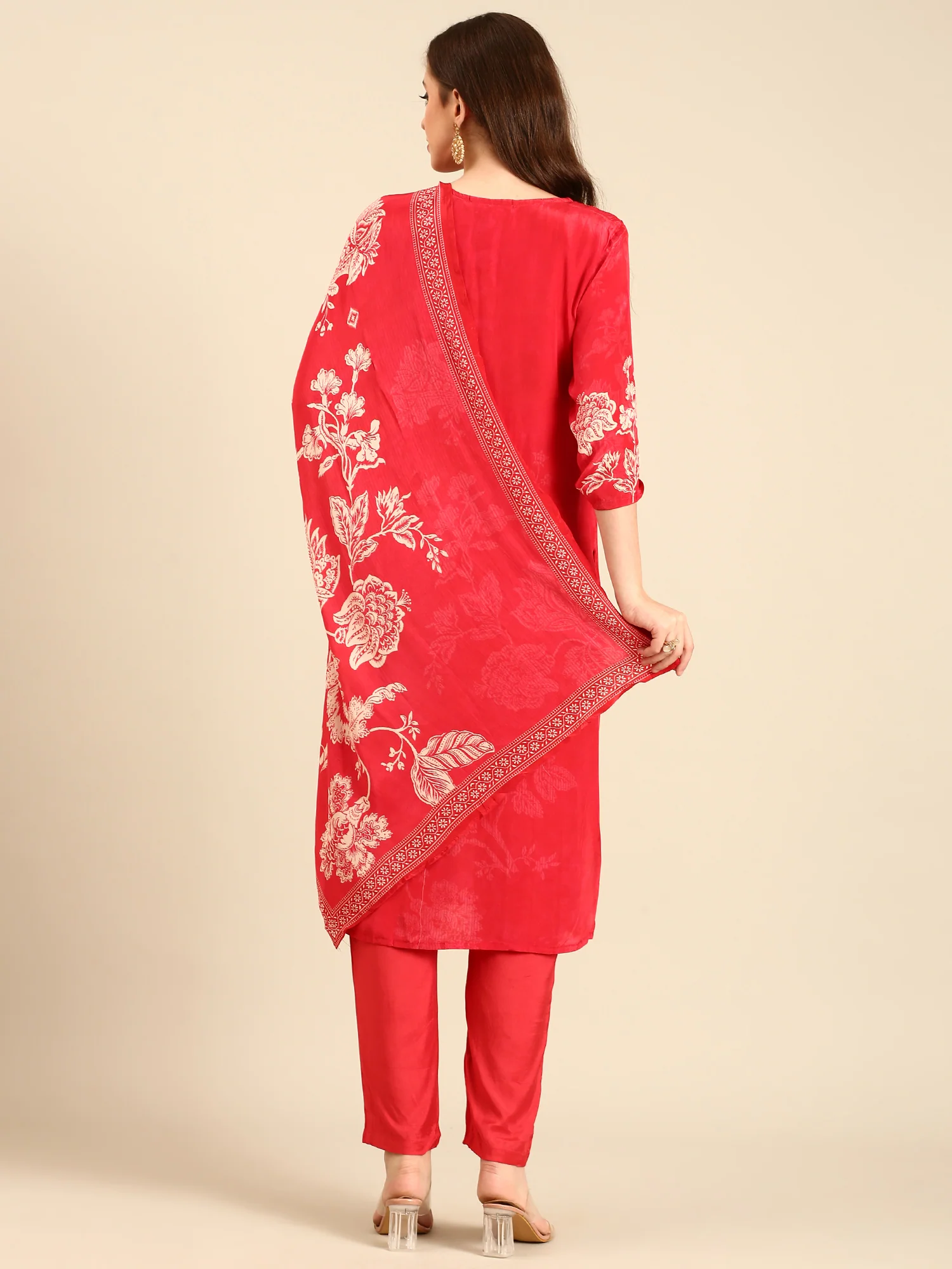 Red Crepe Floral print three piece suit set - Image 4