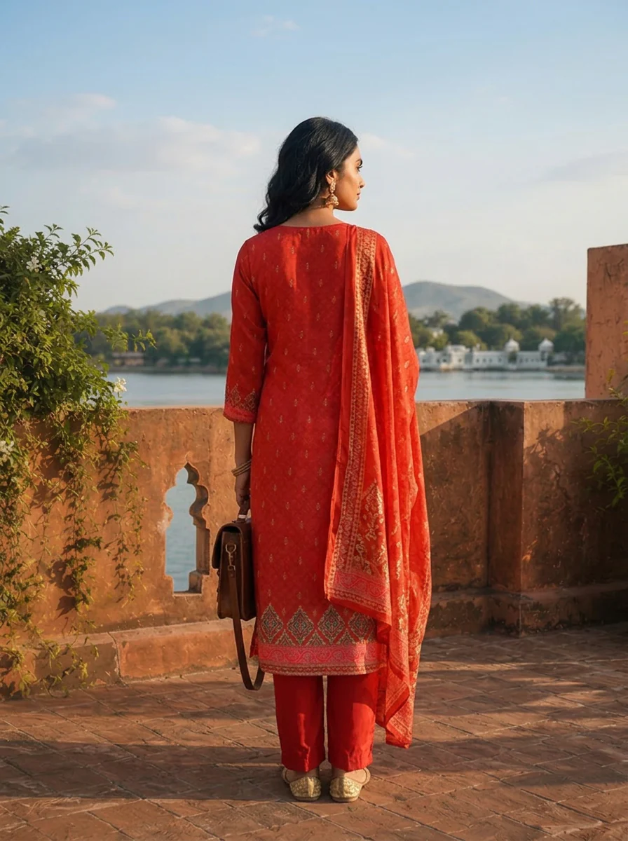 Red Crepe Zig-Zag Bandhani Printed Three Piece Set - Image 2