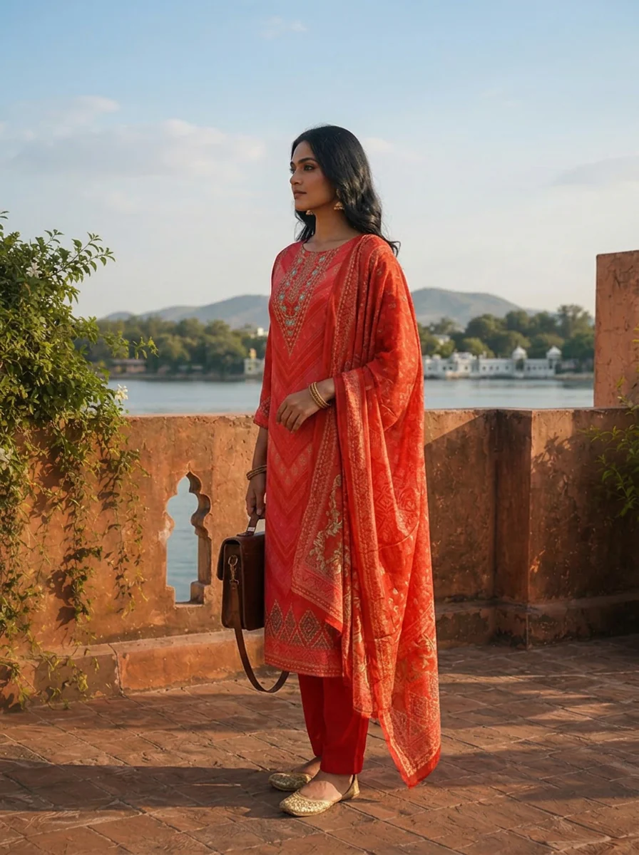 Red Crepe Zig-Zag Bandhani Printed Three Piece Set - Image 3