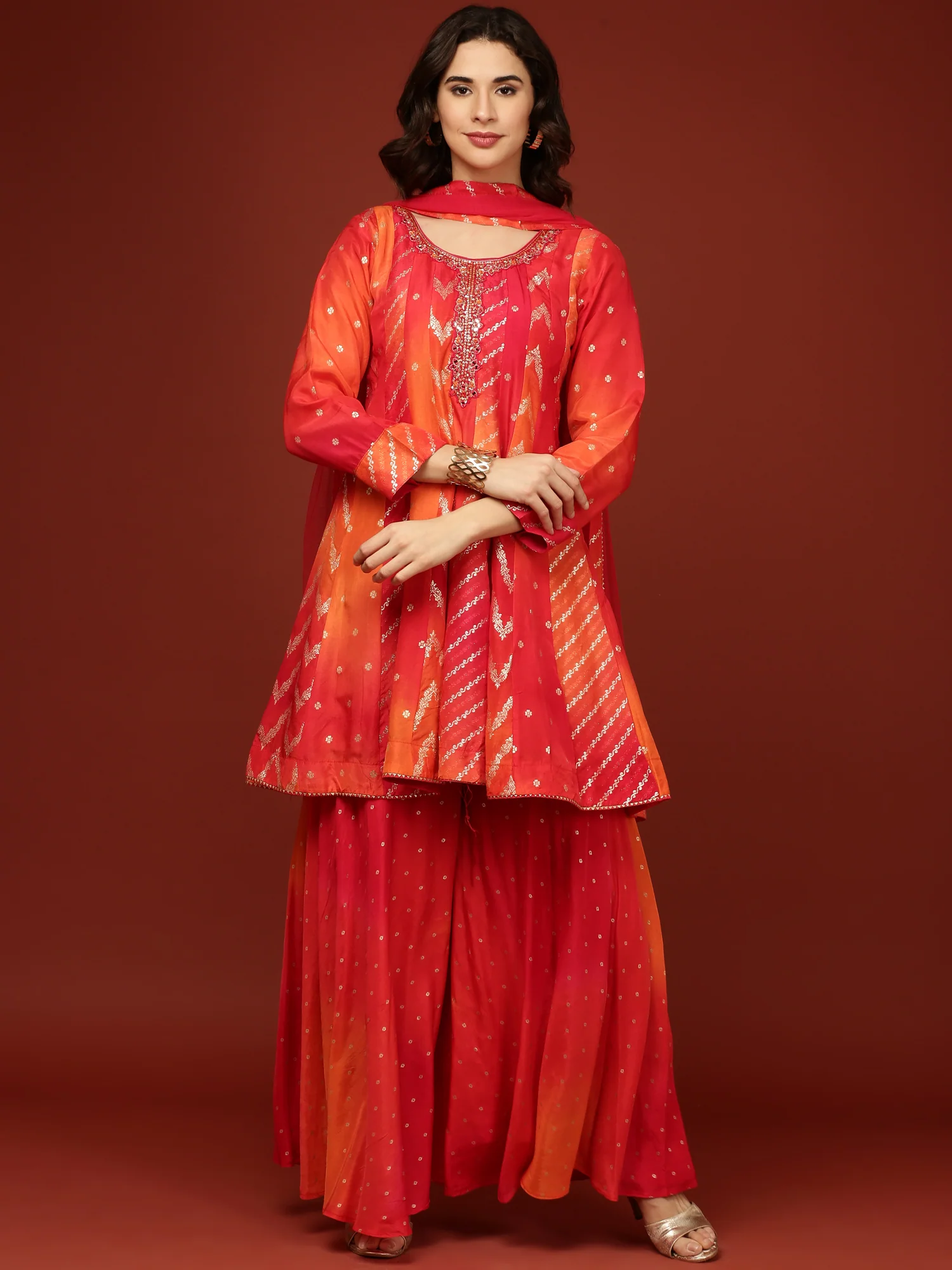 Red Embroidery Silk Palazzo Three Piece Set - Image 2