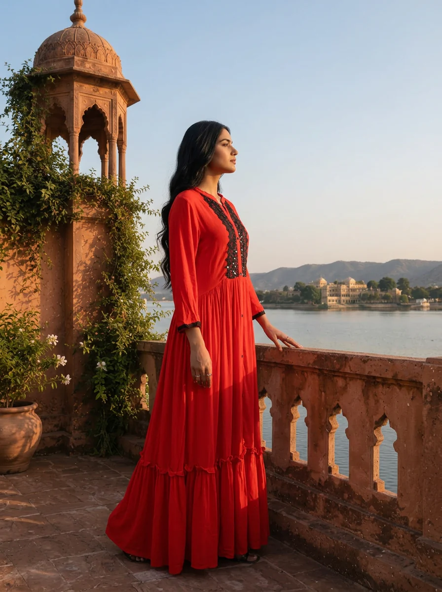 Red Georgette Solid with Lace & Sequin Design Dress - Image 2
