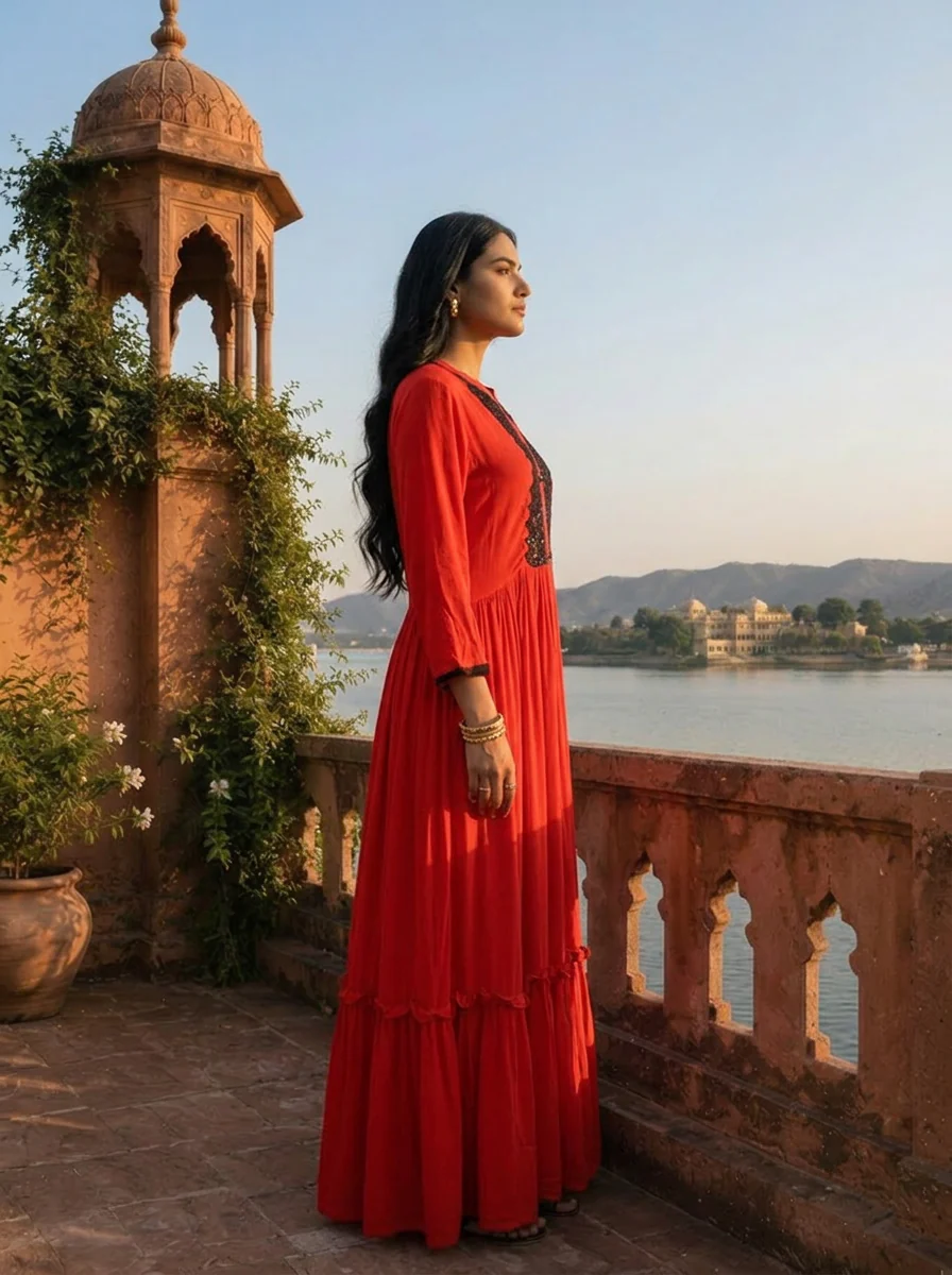 Red Georgette Solid with Lace & Sequin Design Dress - Image 3