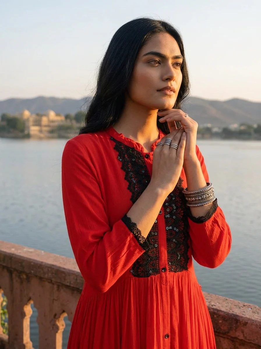Red Georgette Solid with Lace & Sequin Design Dress - Image 4