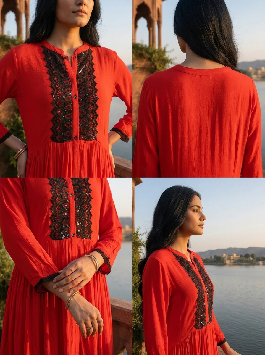 Red Georgette Solid with Lace & Sequin Design Dress - Image 5