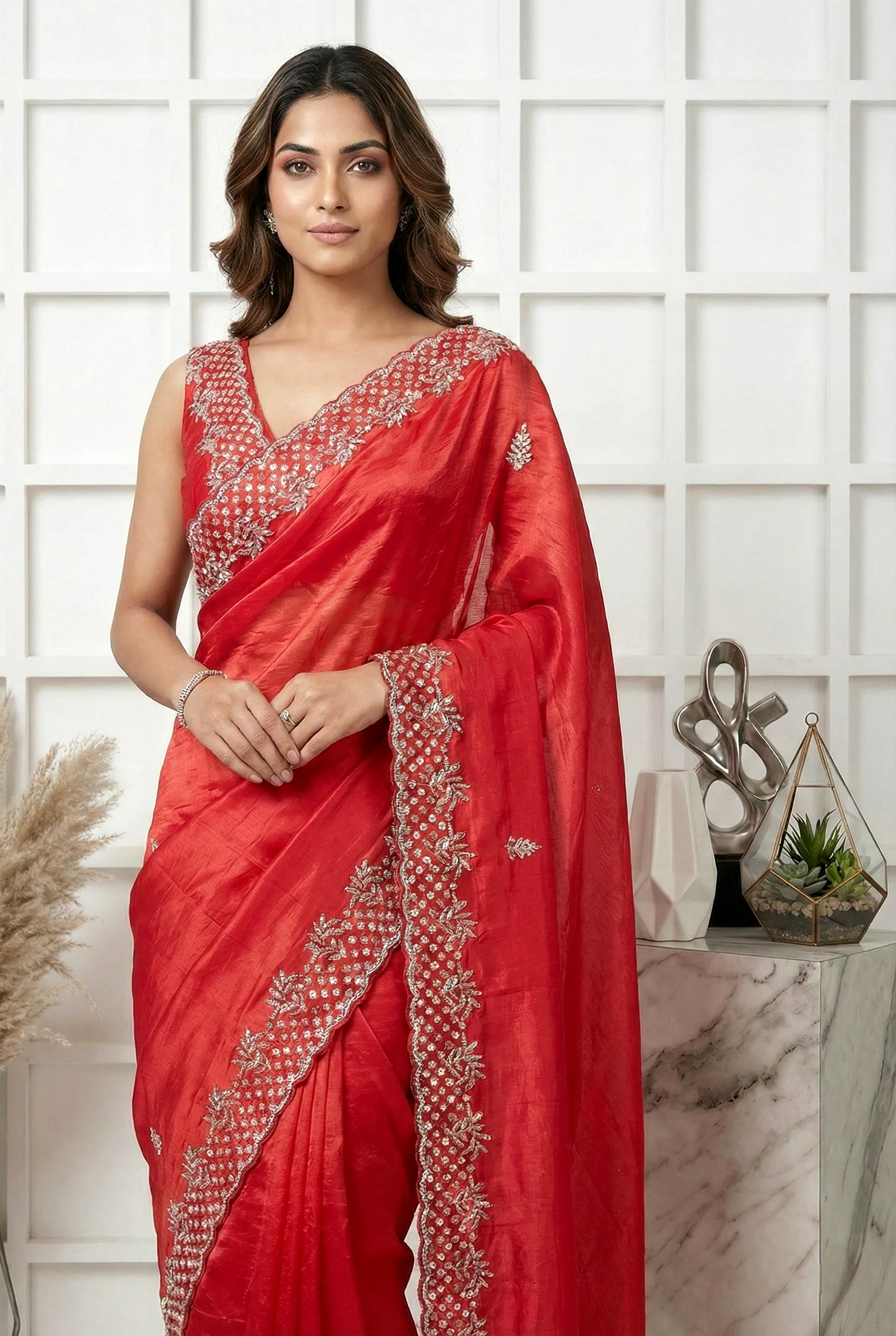 Red Jimmy Choo Floral Sequins Embroidered Saree - Image 3