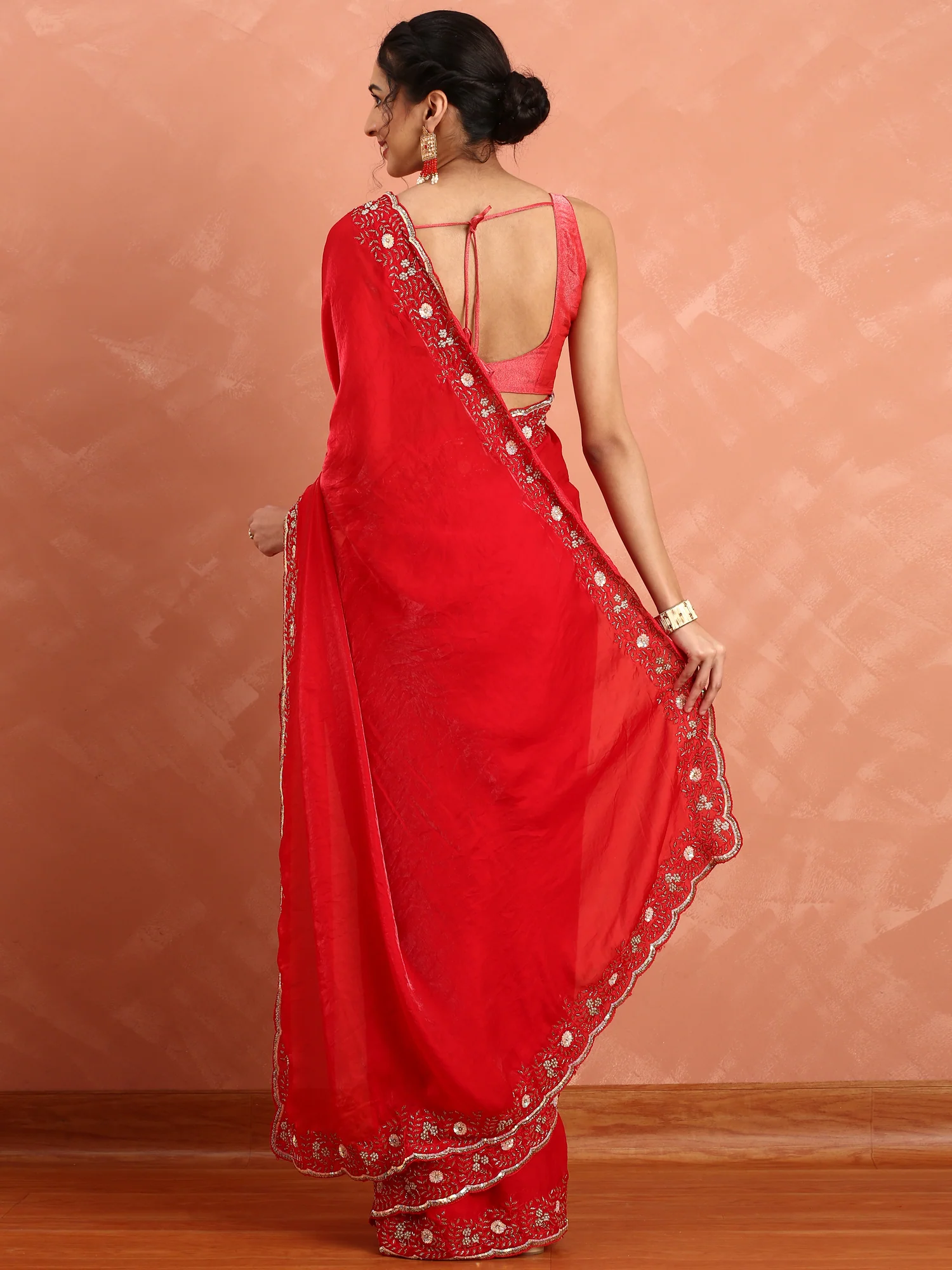 Red jimmy saree with stones and Swarovski hand embroidery - Image 2