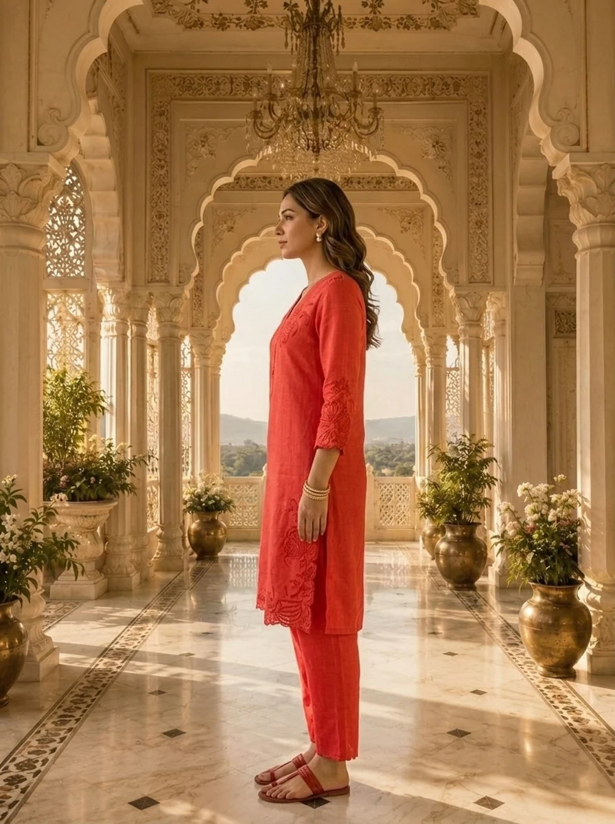 Red Linen Floral Embroidery Two Piece Set - Image 4