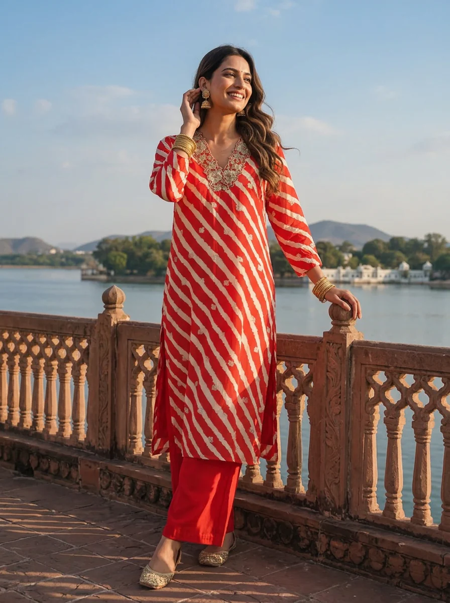 Red Muslin Floral Zari Embroidery And Leheriya Printed Two Piece Set