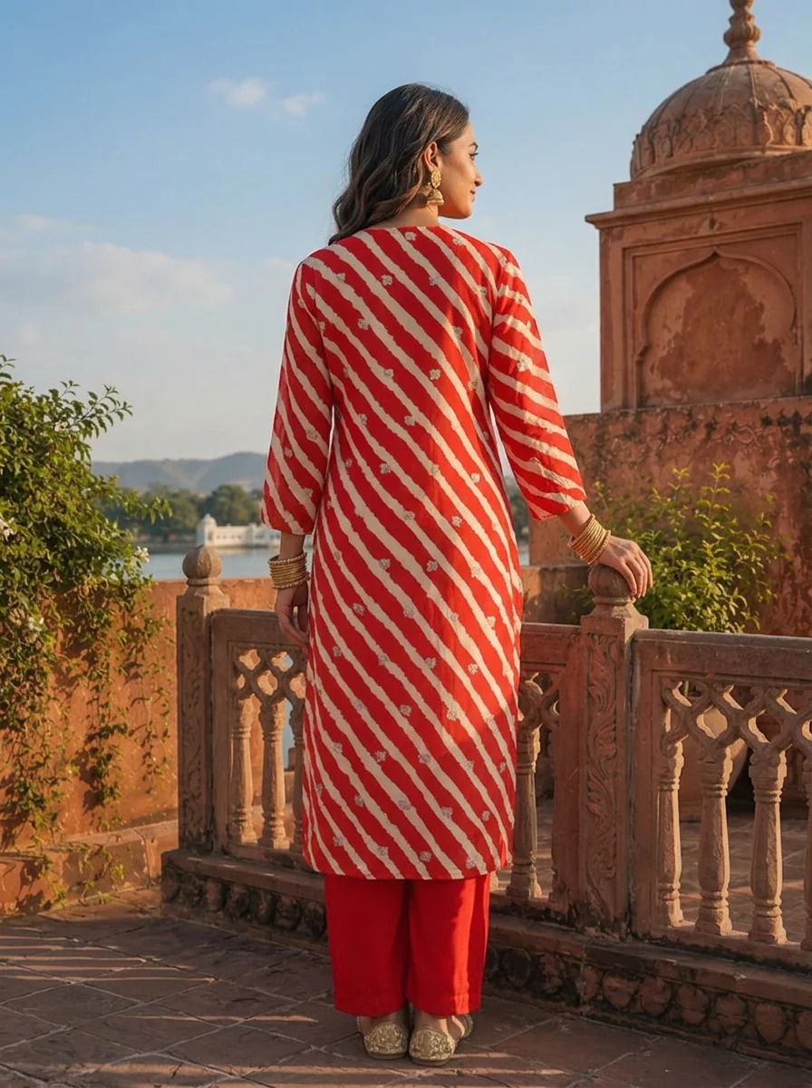 Red Muslin Floral Zari Embroidery And Leheriya Printed Two Piece Set - Image 2