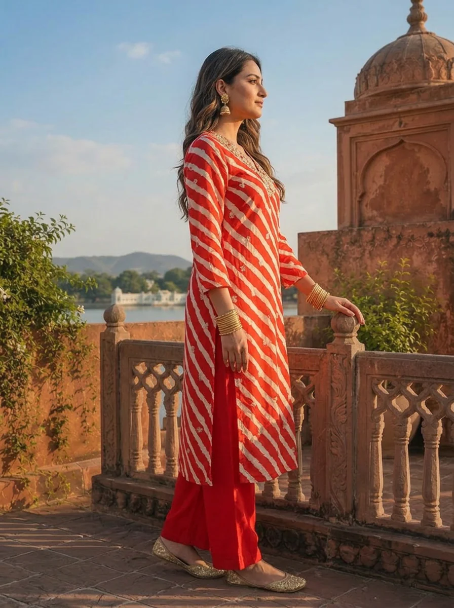 Red Muslin Floral Zari Embroidery And Leheriya Printed Two Piece Set - Image 3