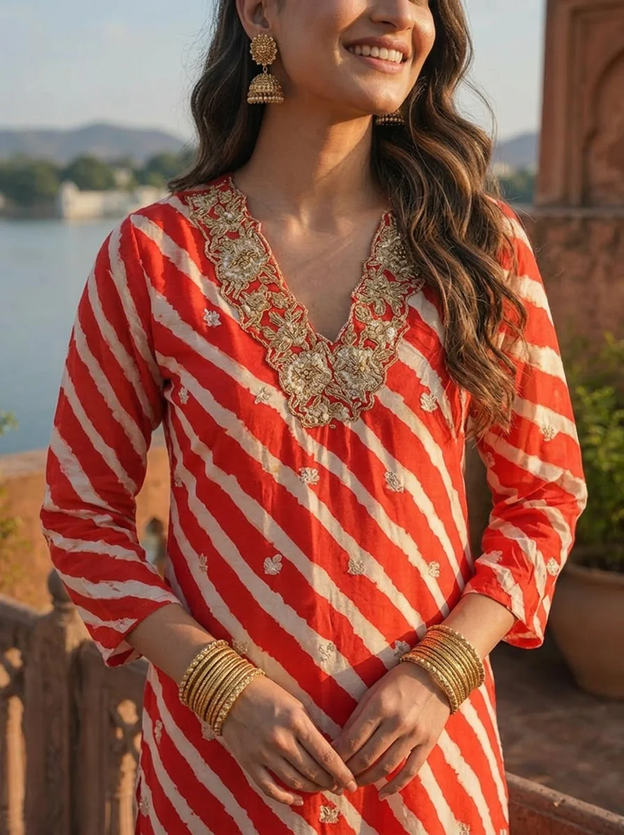 Red Muslin Floral Zari Embroidery And Leheriya Printed Two Piece Set - Image 4
