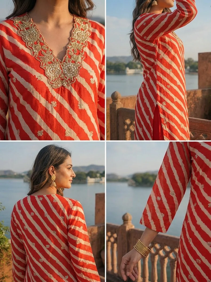 Red Muslin Floral Zari Embroidery And Leheriya Printed Two Piece Set - Image 5