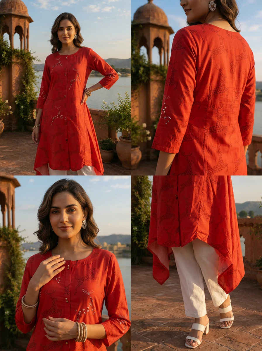 Red Muslin Quirky Animal Printed Kurta - Image 4