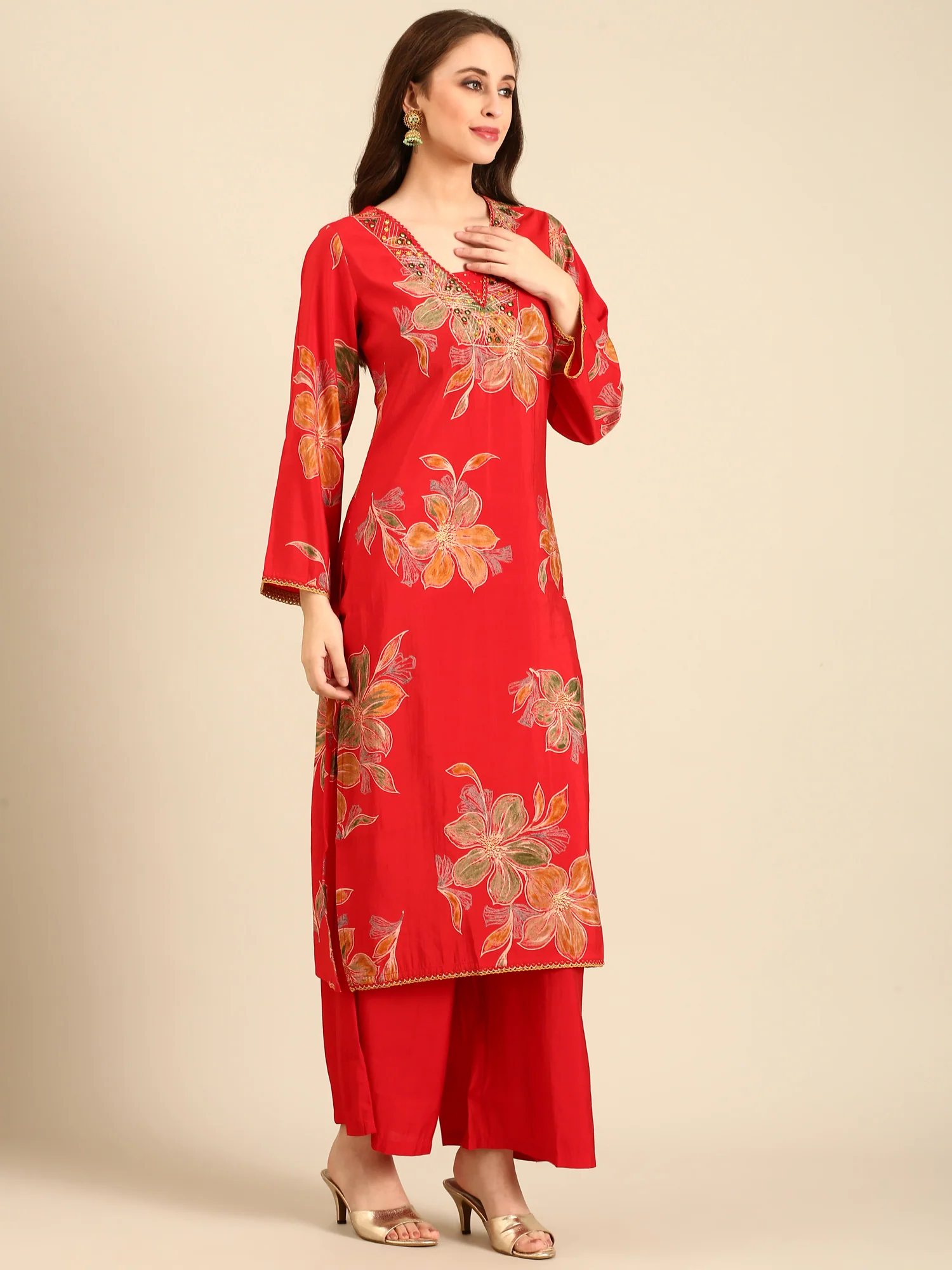 Red muslin three piece suit set - Image 2