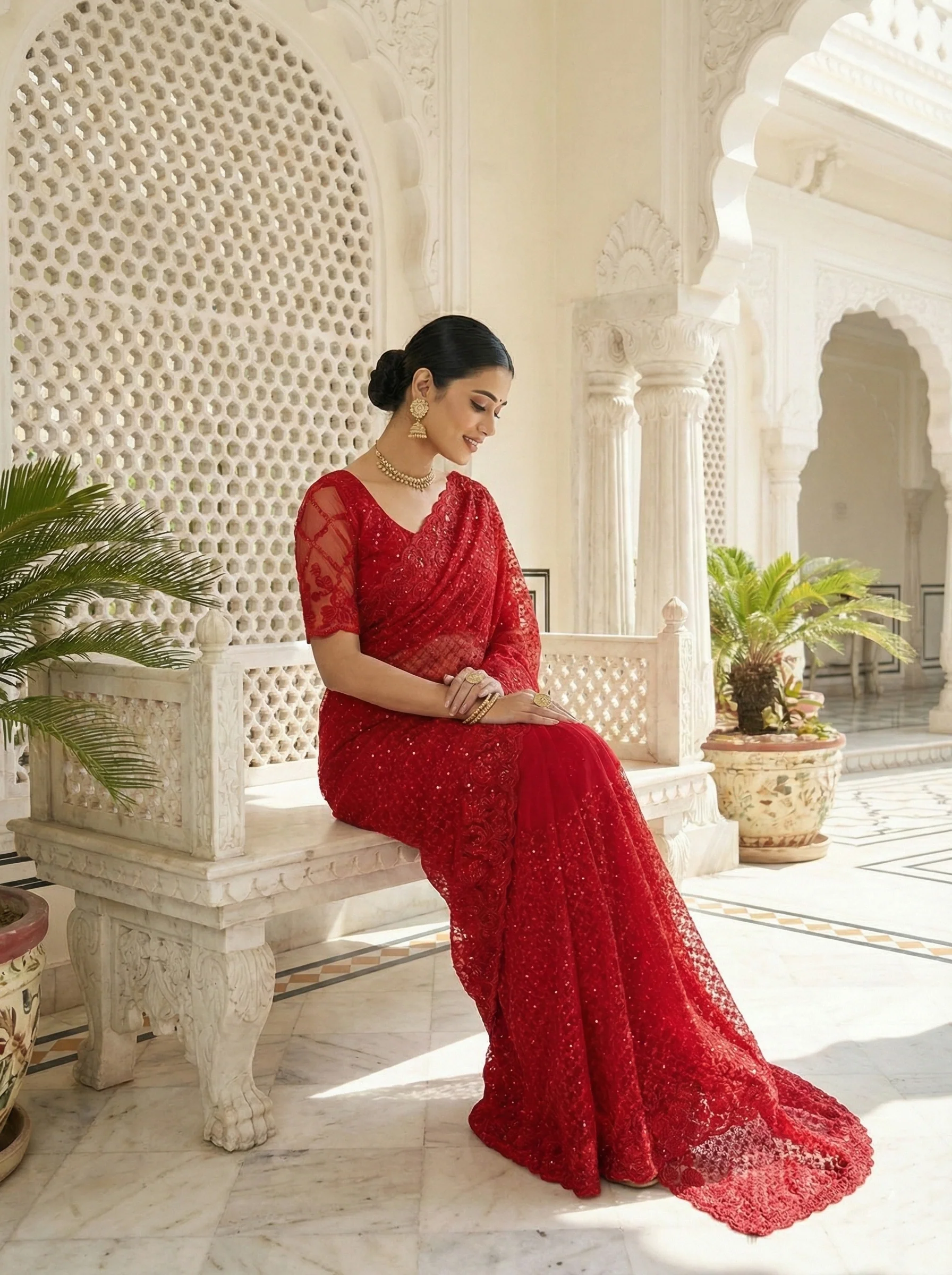 Red Net Heavy Hand Embroidery Saree - Image 4