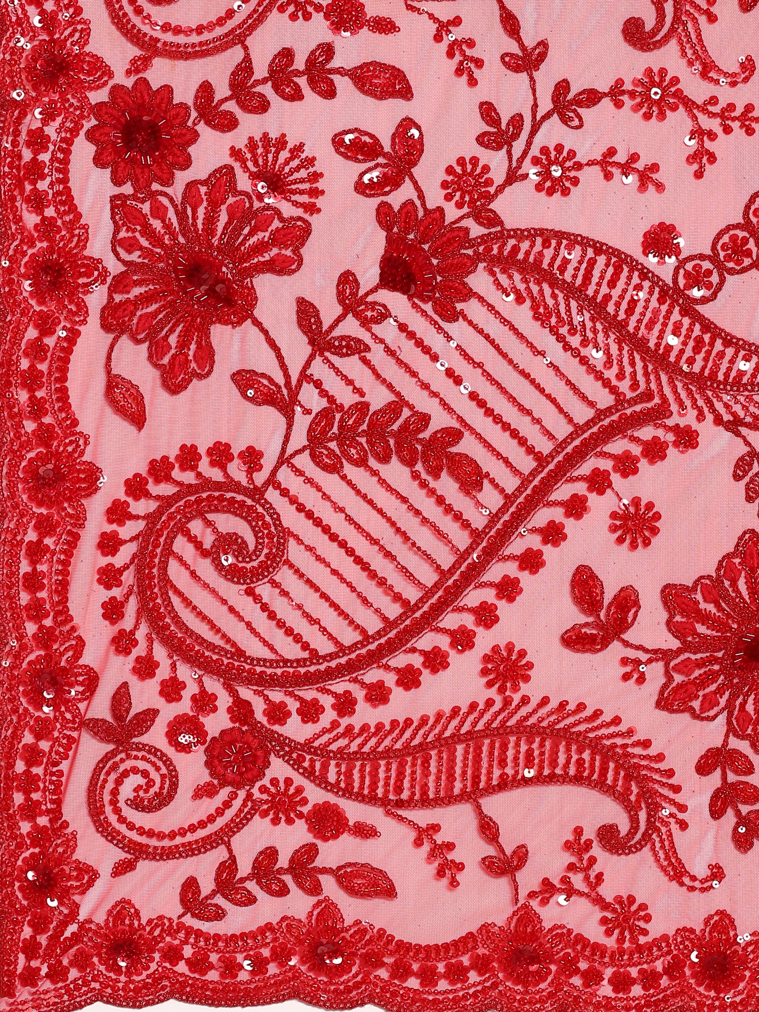 Red net saree with pearl and sequins hand embroidery with scallop border - Image 5