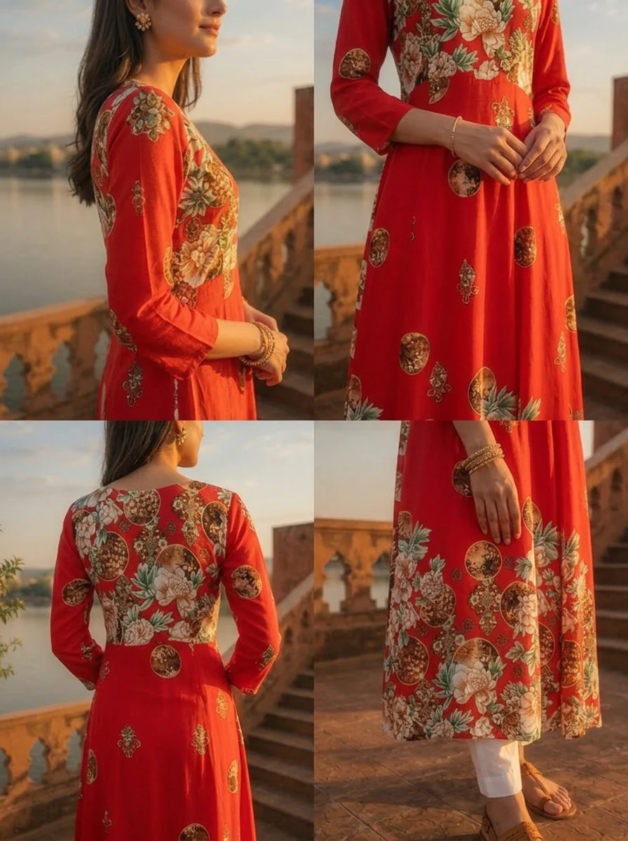Red Rayon Baroque Floral Printed Dress - Image 5