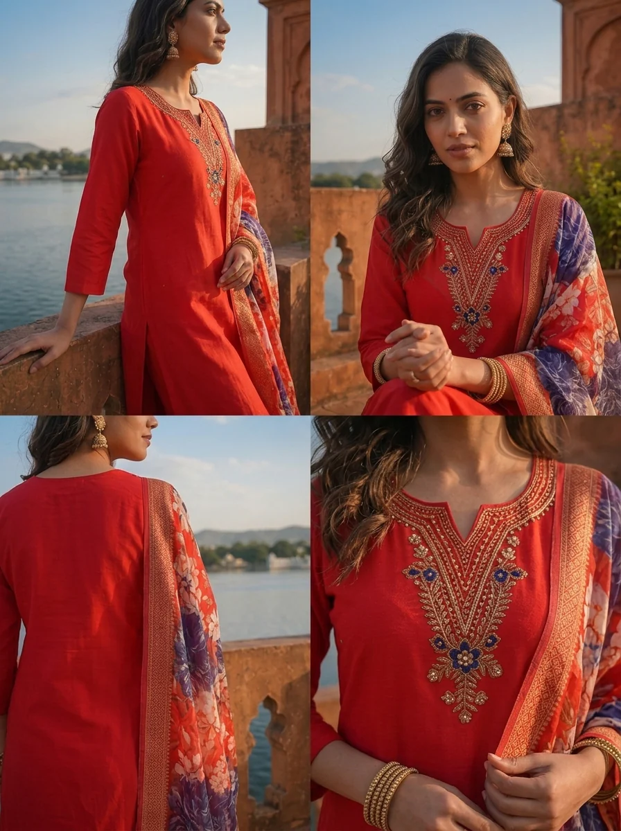 Red Rayon Scattered Golden Sequin Butti Embroidered Three Piece Set - Image 5