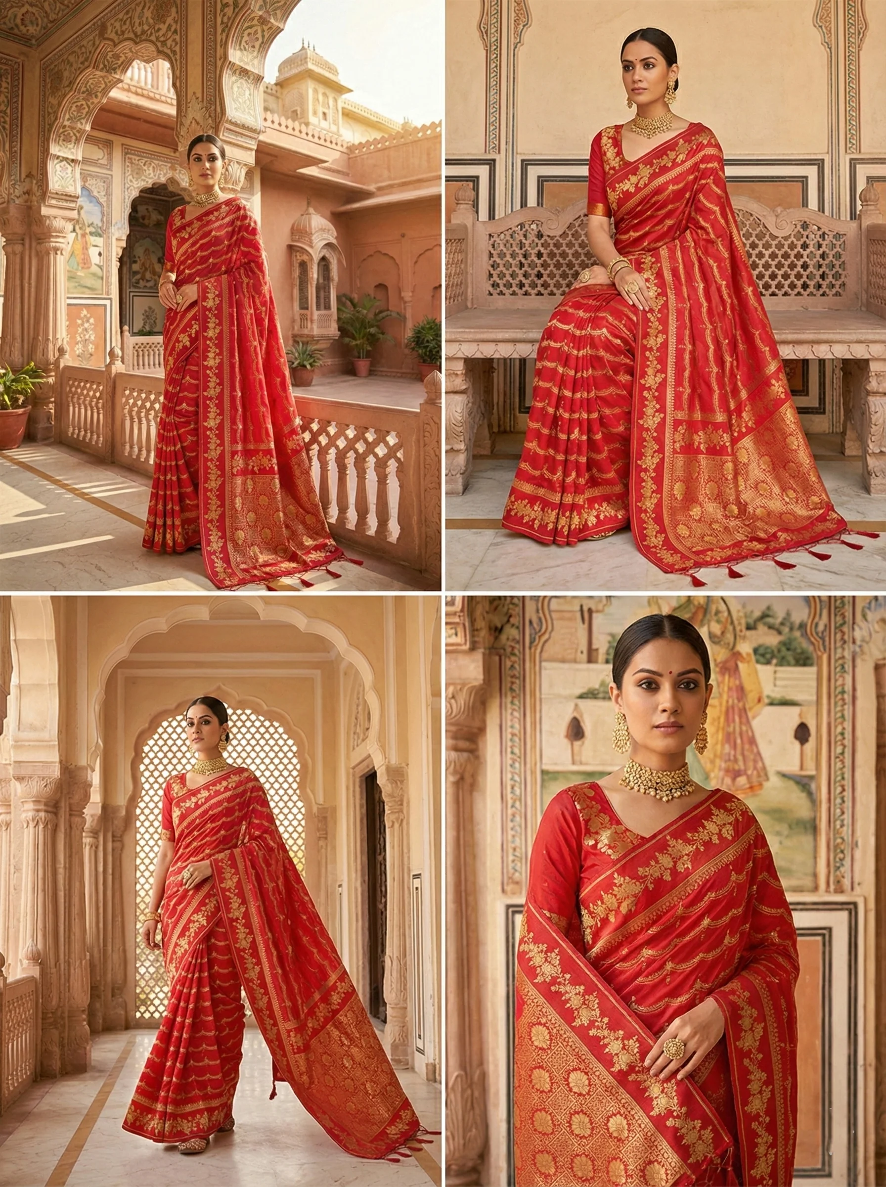Red Silk Floral Digital Printed Saree - Image 4