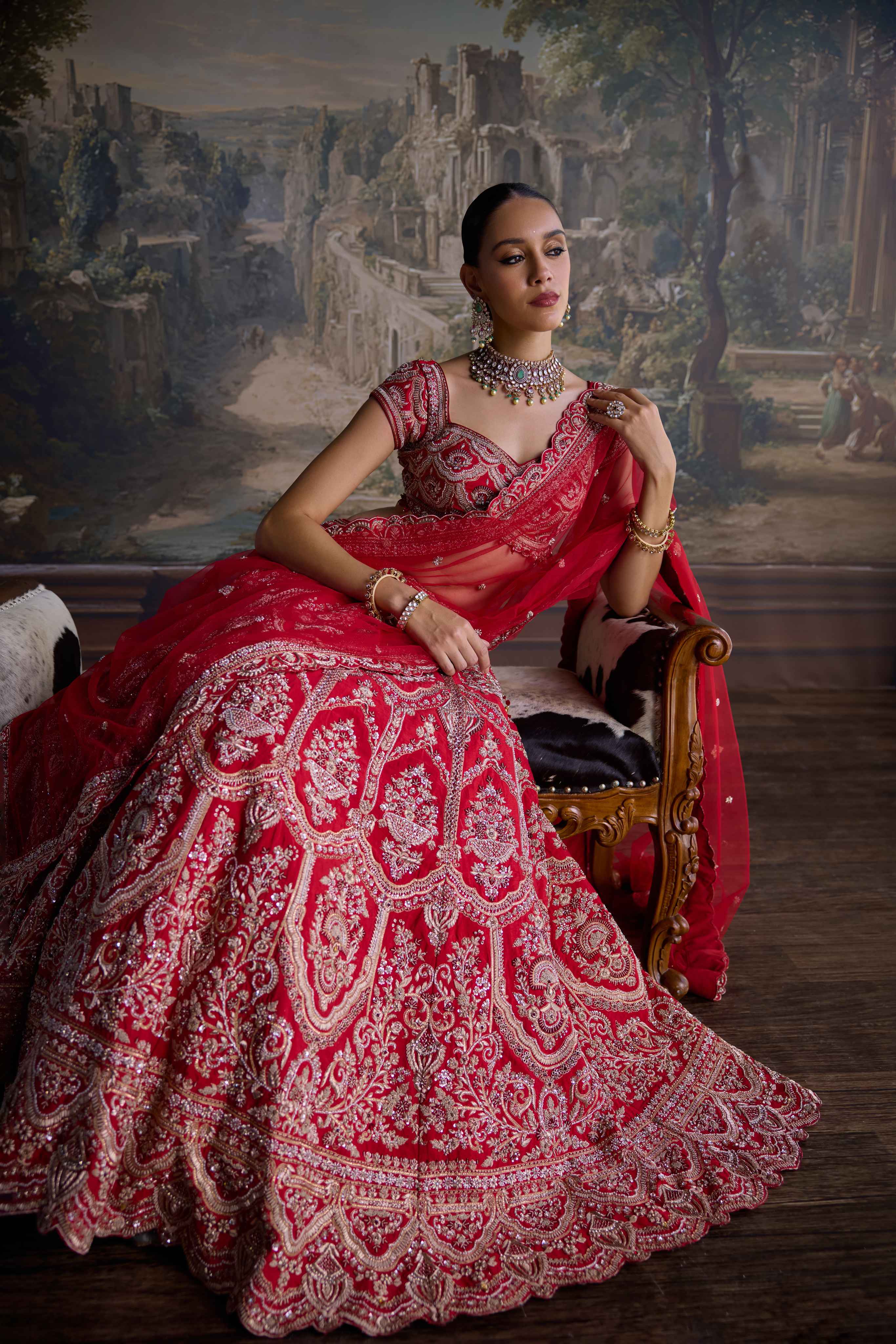 Red Bridal Silk Hand Embroidered Ghagra Set - Image 3
