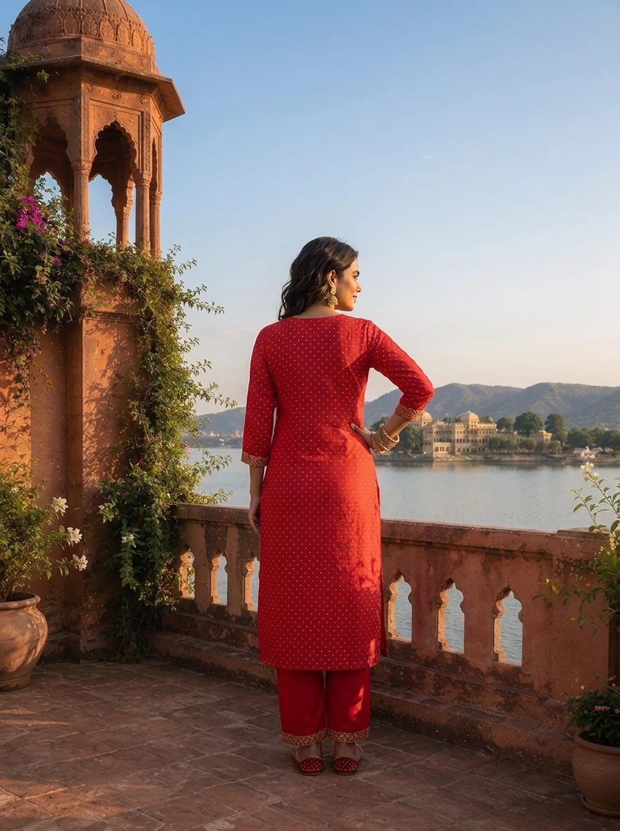 Red Silk Zari Printed Three Piece Set - Image 2
