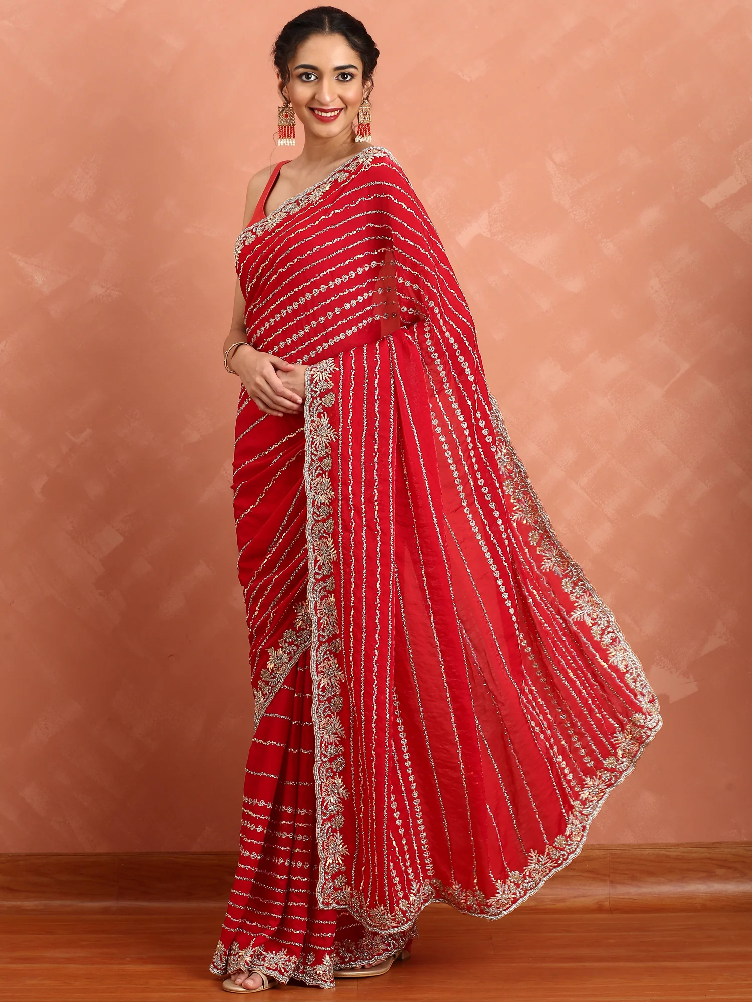 Red swarovski & Cut Dana embroidery saree - Image 2