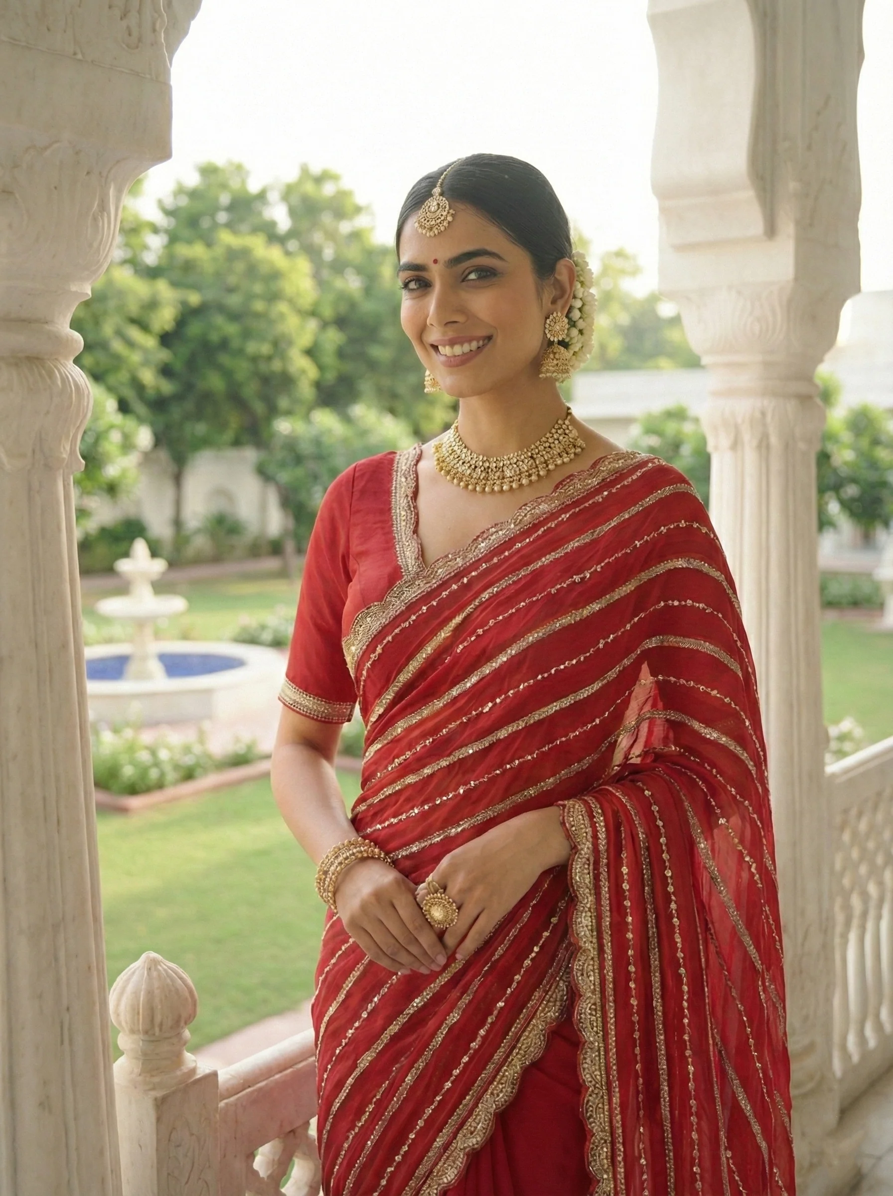 Red Tissue Stone Hand Embroidery Saree - Image 4