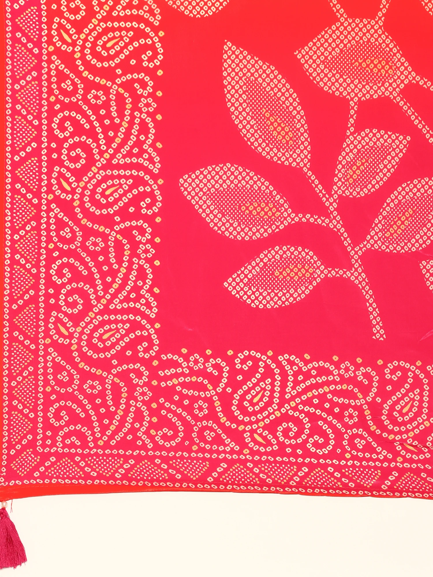 Red two colored crepe bandhani printed three piece suit set - Image 7