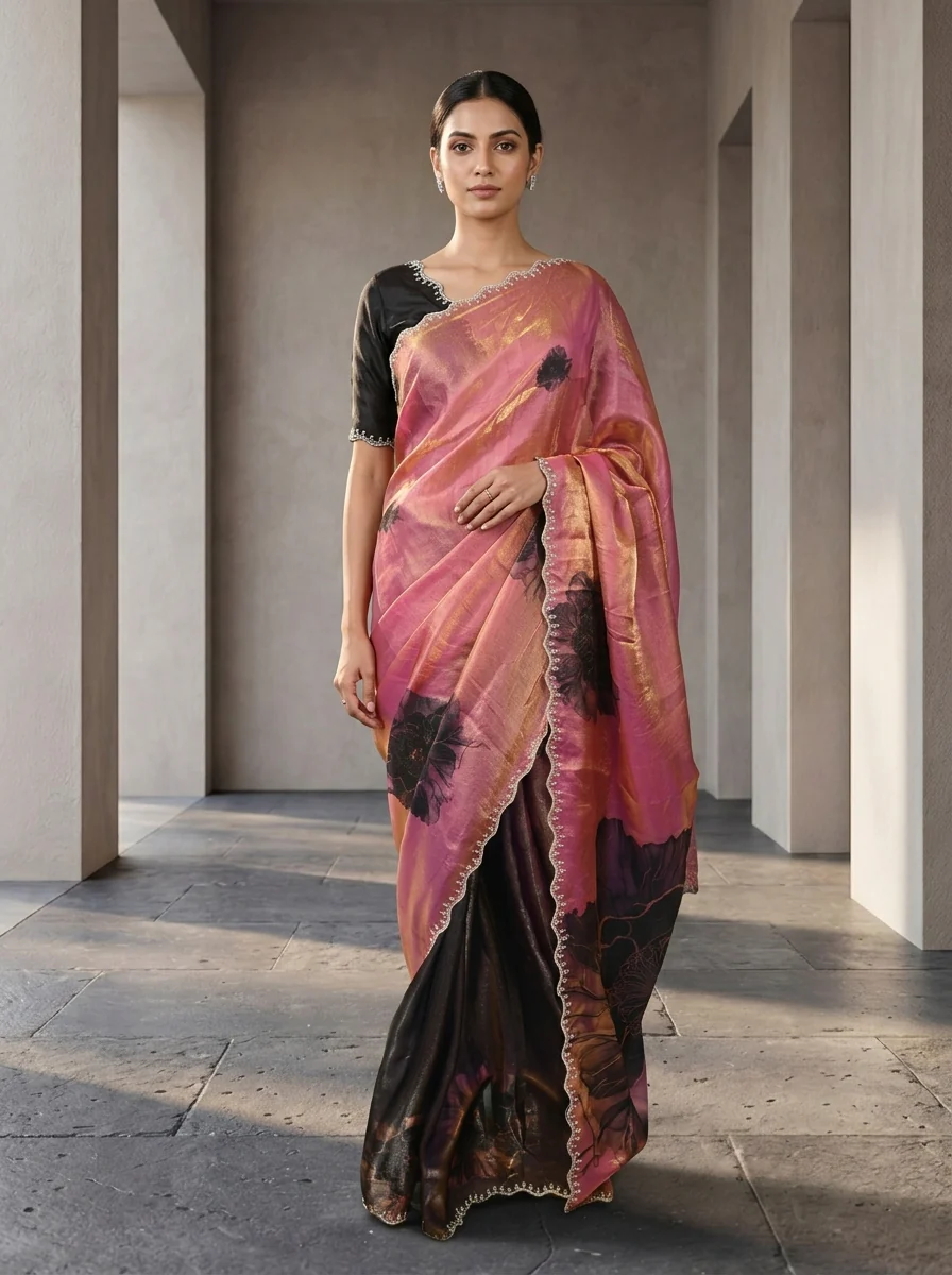 Rose Pink And Brown Satin Floral Digital Printed Saree
