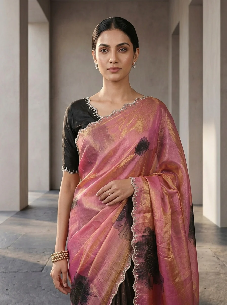 Rose Pink And Brown Satin Floral Digital Printed Saree - Image 3