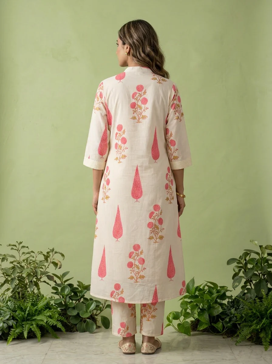 Rose Pink Cotton Floral Printed And Pleated Two Piece Set - Image 2