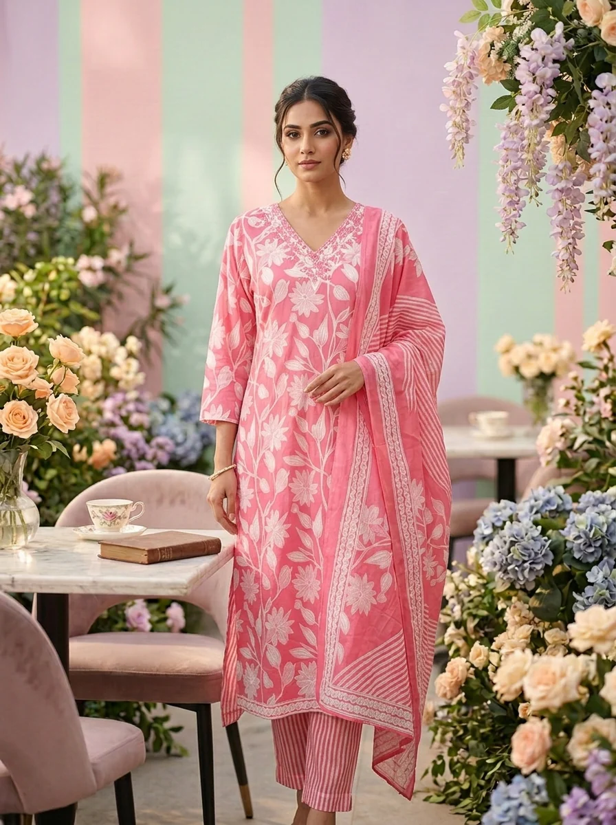 Rose Pink Cotton Floral Printed Three Piece Set