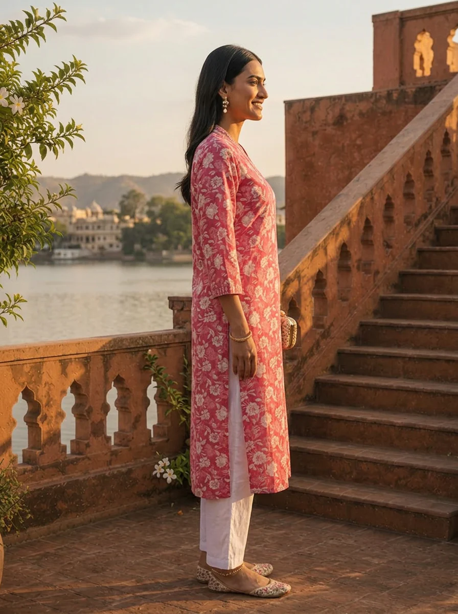 Rose Pink Cotton Jaipuri Floral Jaal Printed Kurta - Image 3