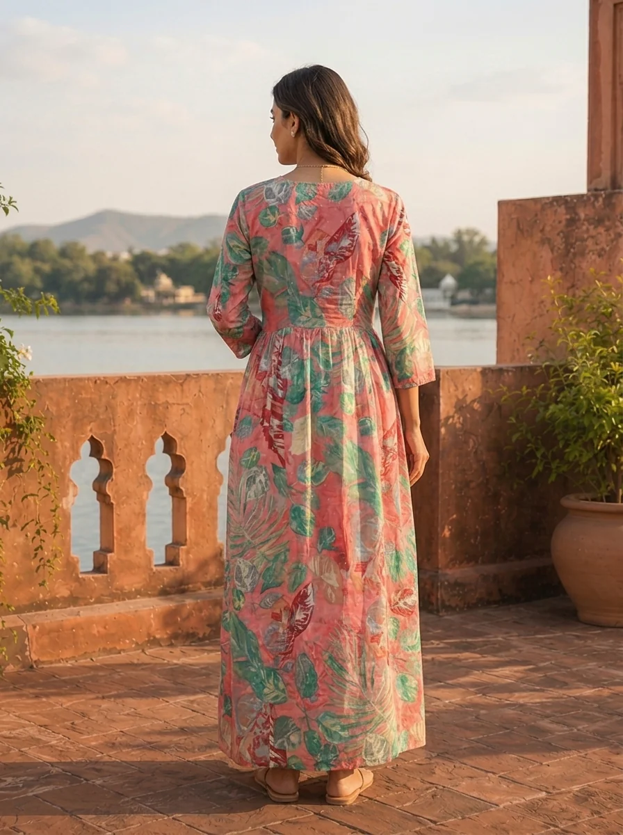 Rose Pink Cotton Monstera And Tropical Leaves Dress - Image 2
