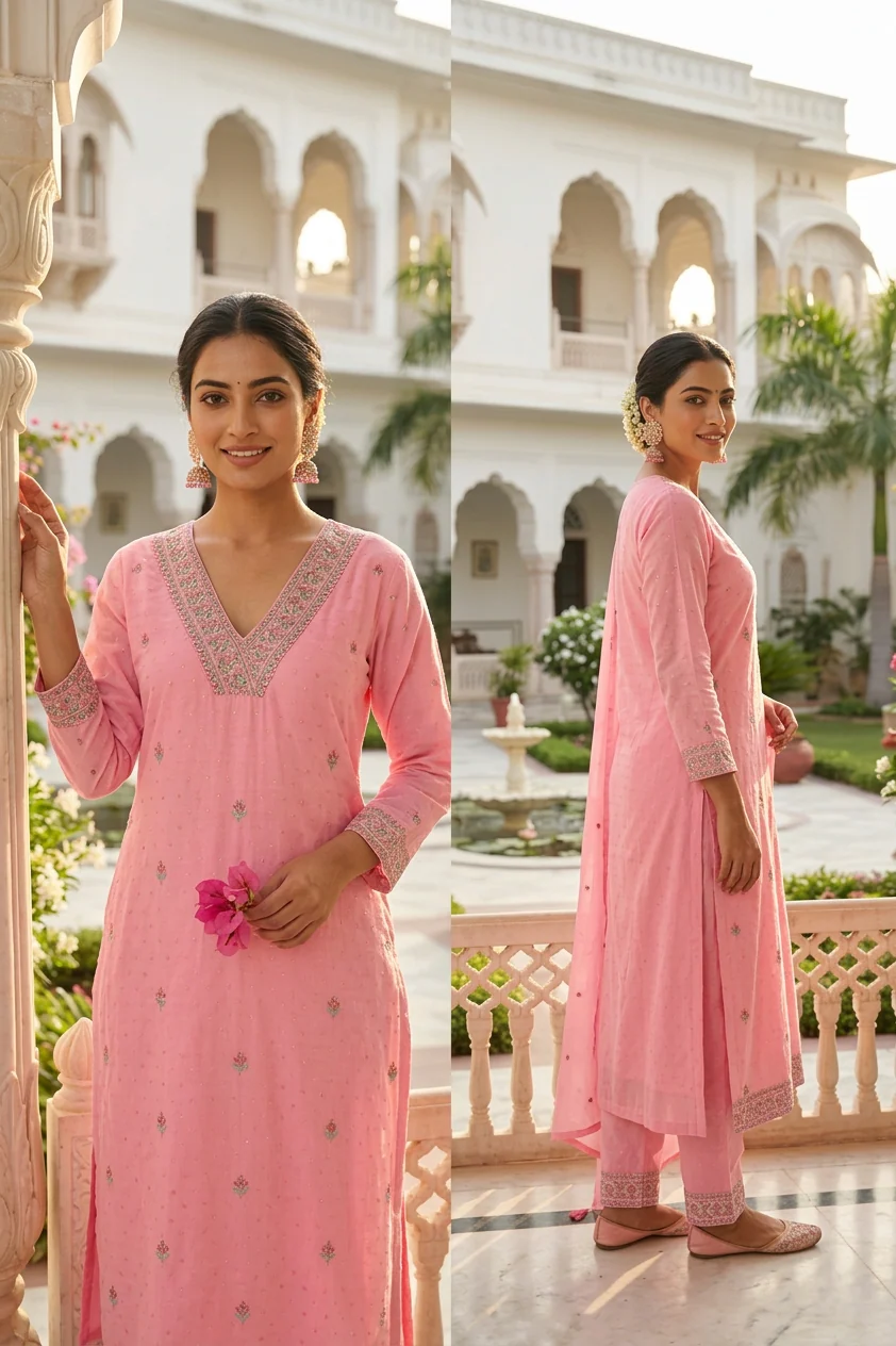 Rose Pink Cotton Thread Embroidery Three Piece Set - Image 2
