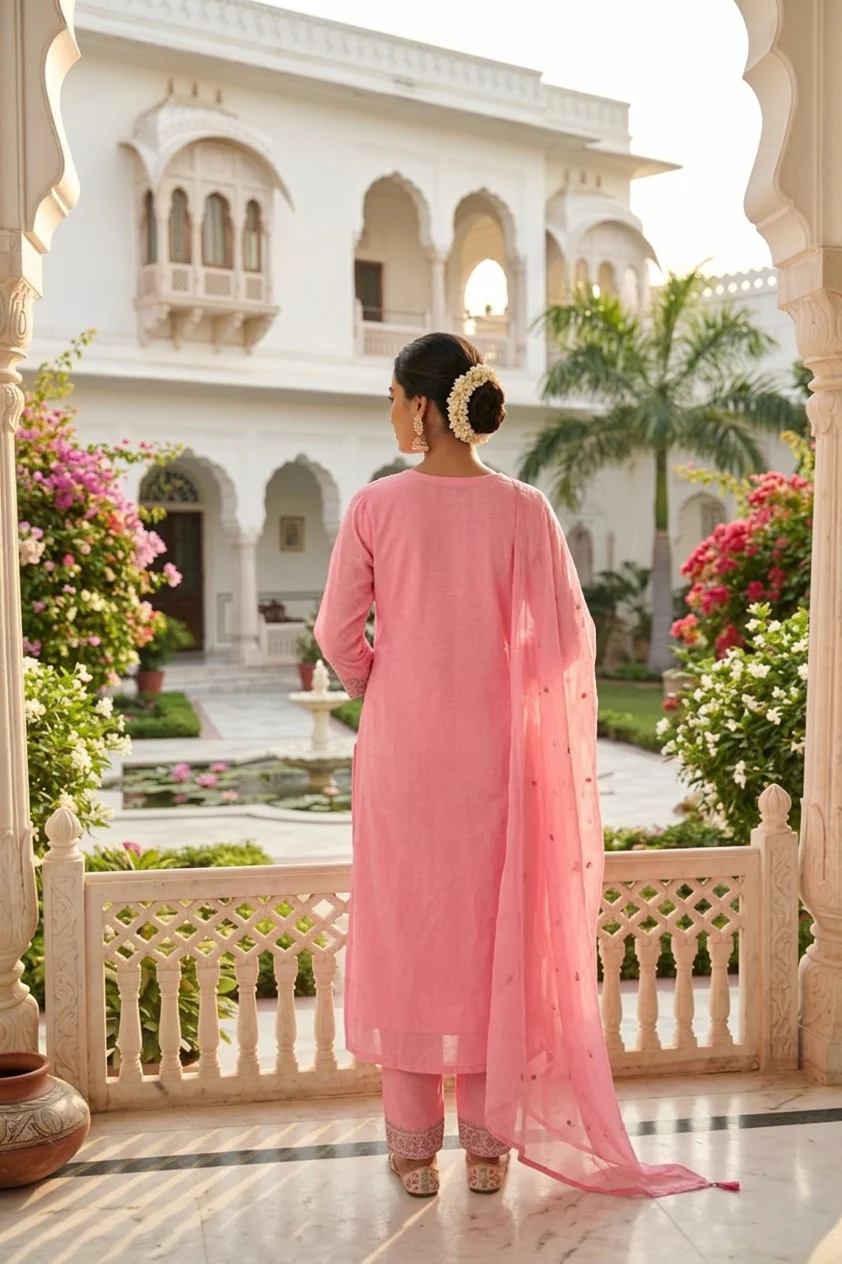 Rose Pink Cotton Thread Embroidery Three Piece Set - Image 3