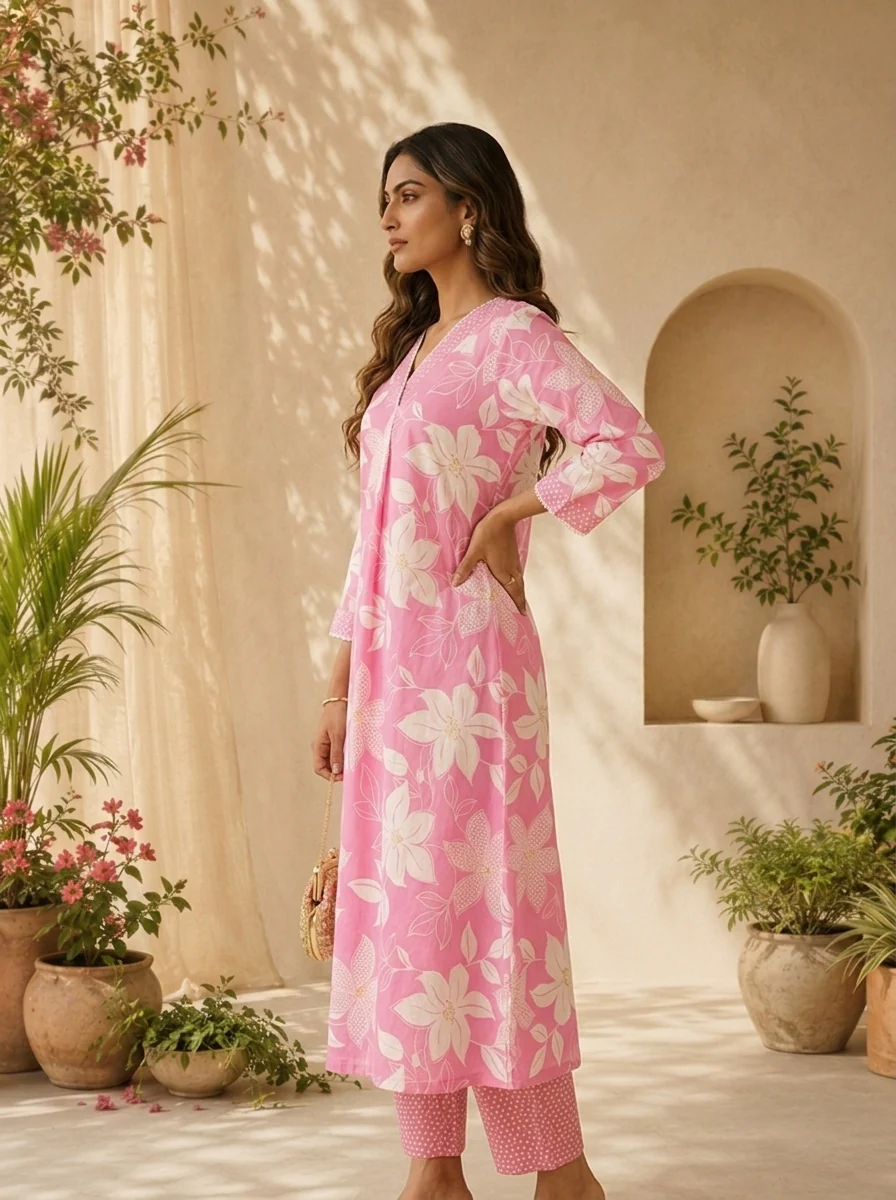 Rose Pink Floral Printed And Hand Embroidery Two Piece Set - Image 2