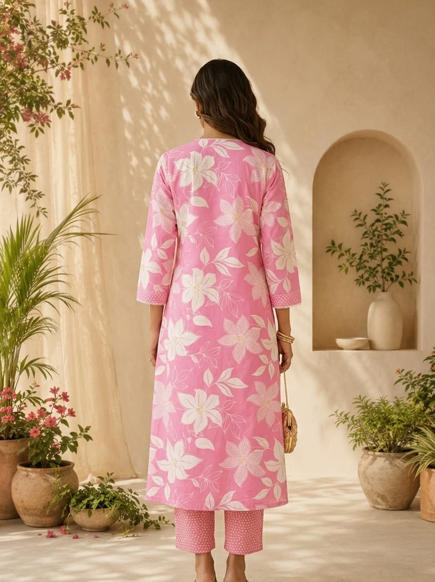 Rose Pink Floral Printed And Hand Embroidery Two Piece Set - Image 3