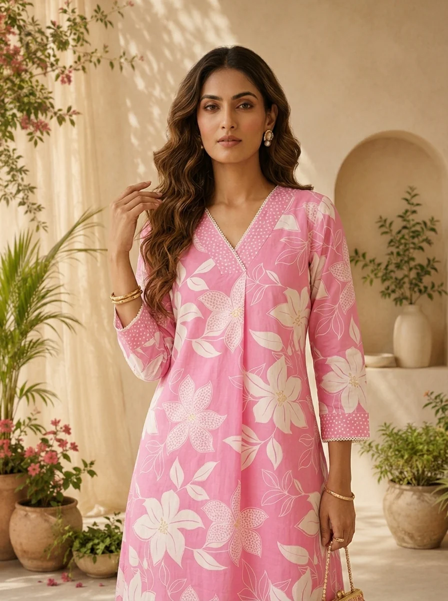 Rose Pink Floral Printed And Hand Embroidery Two Piece Set - Image 4