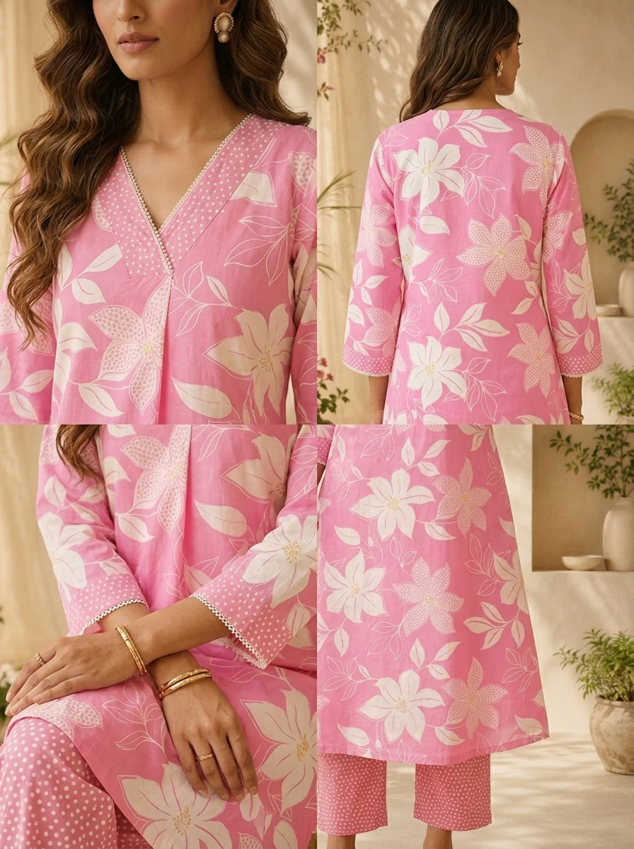 Rose Pink Floral Printed And Hand Embroidery Two Piece Set - Image 5
