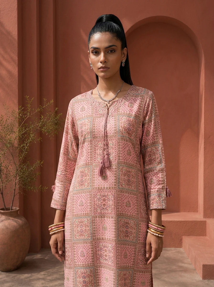 Rose Pink Rayon Digital Patchwork Jaali Printed Two Piece Set - Image 4