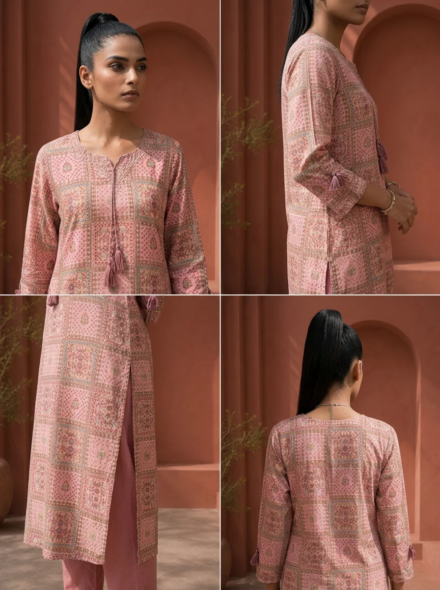 Rose Pink Rayon Digital Patchwork Jaali Printed Two Piece Set - Image 5