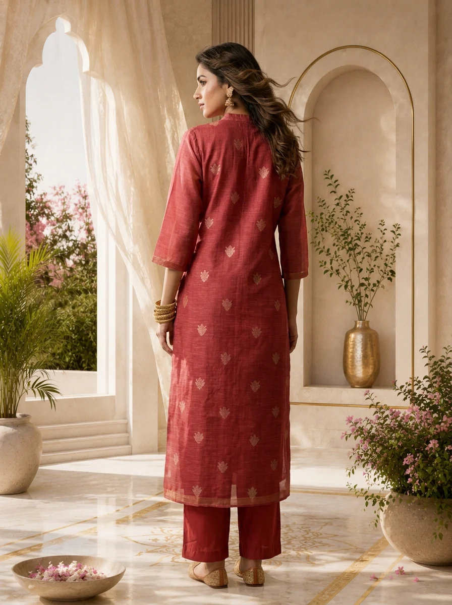 Rose Pink Silk Two Piece Set With Gold Leaf Motifs - Image 2