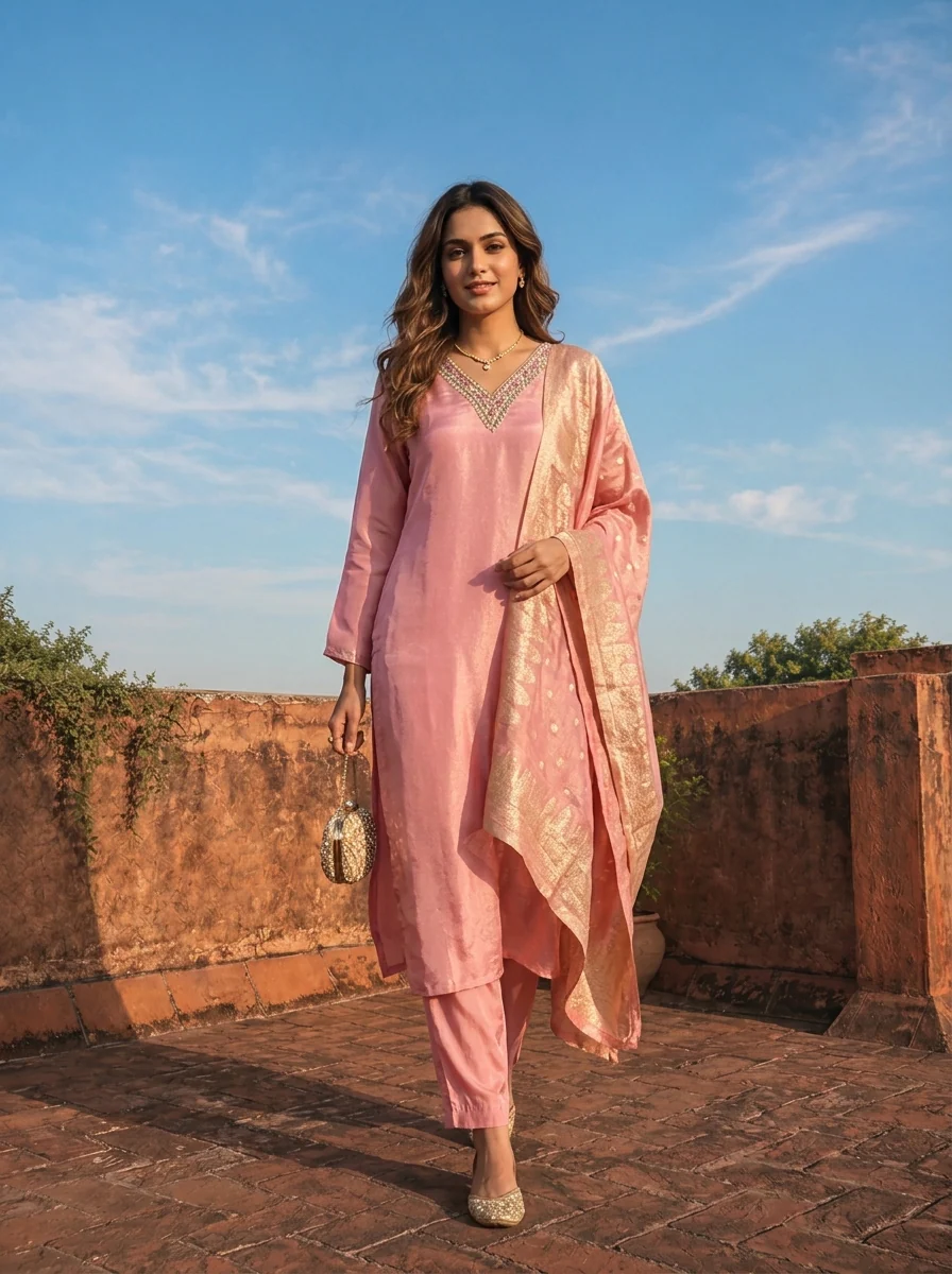 Rose Pink Tissue Solid With Embroidered Three Piece Set - Image 2