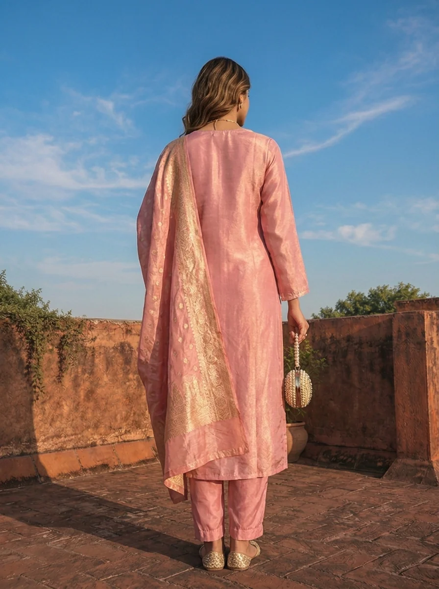 Rose Pink Tissue Solid With Embroidered Three Piece Set - Image 3
