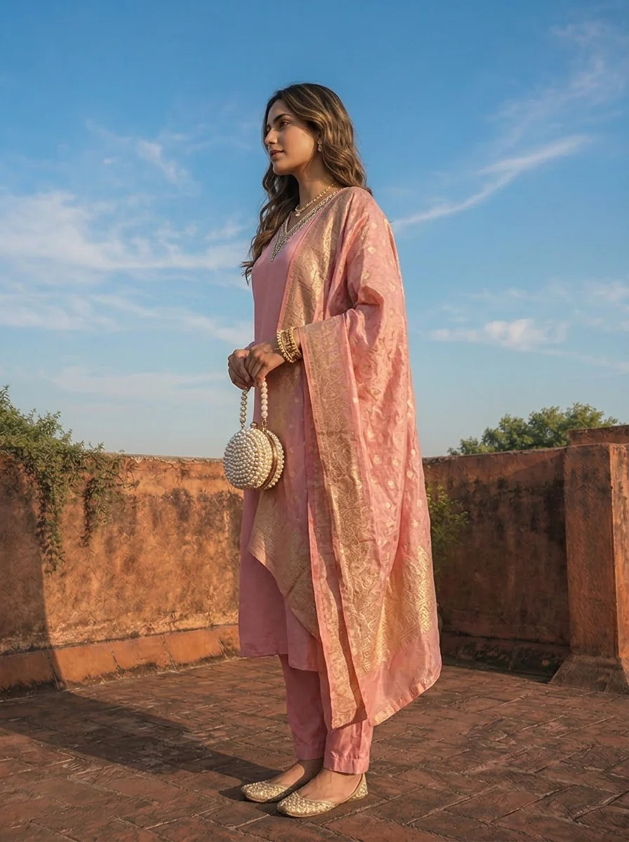 Rose Pink Tissue Solid With Embroidered Three Piece Set - Image 4