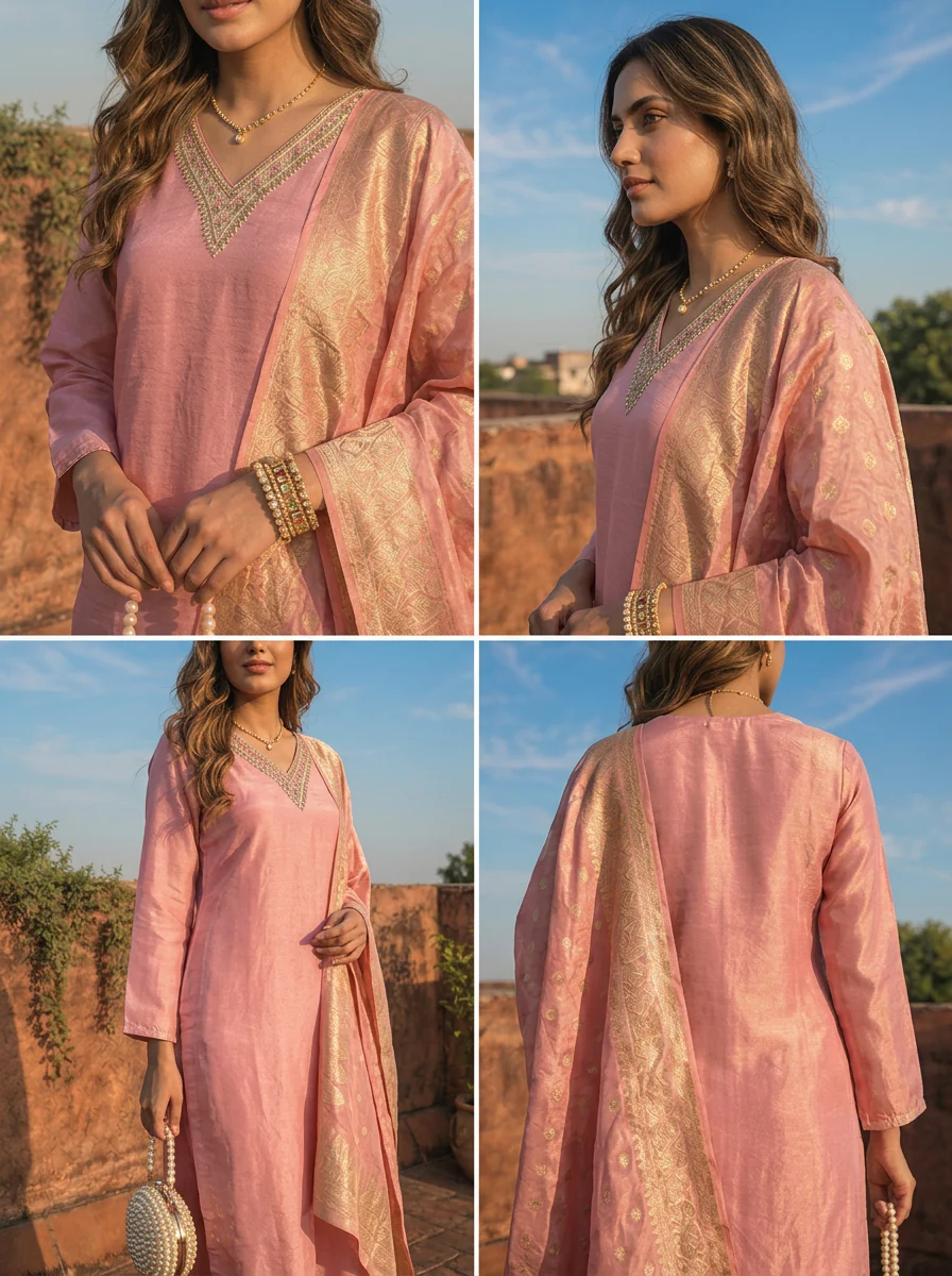 Rose Pink Tissue Solid With Embroidered Three Piece Set - Image 5
