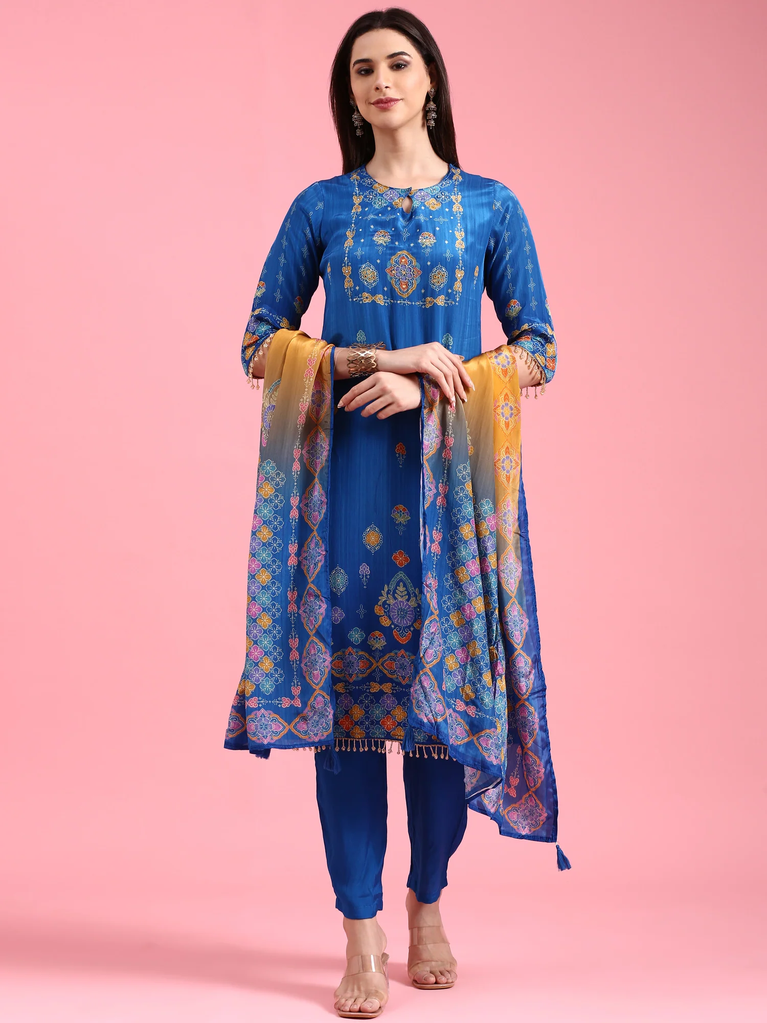 Royal Blue Crepe Printed Three Piece Suit Set - Image 2