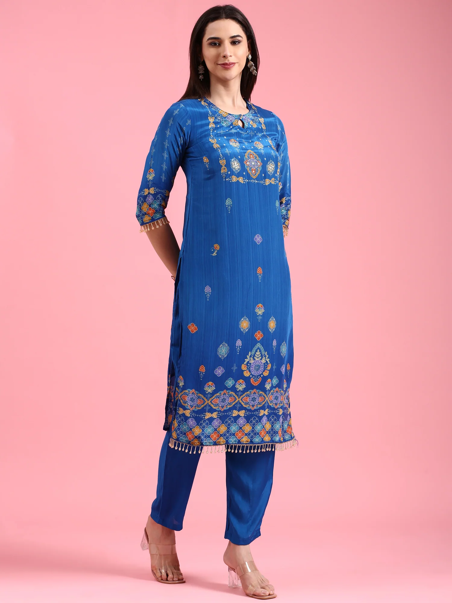 Royal Blue Crepe Printed Three Piece Suit Set - Image 3