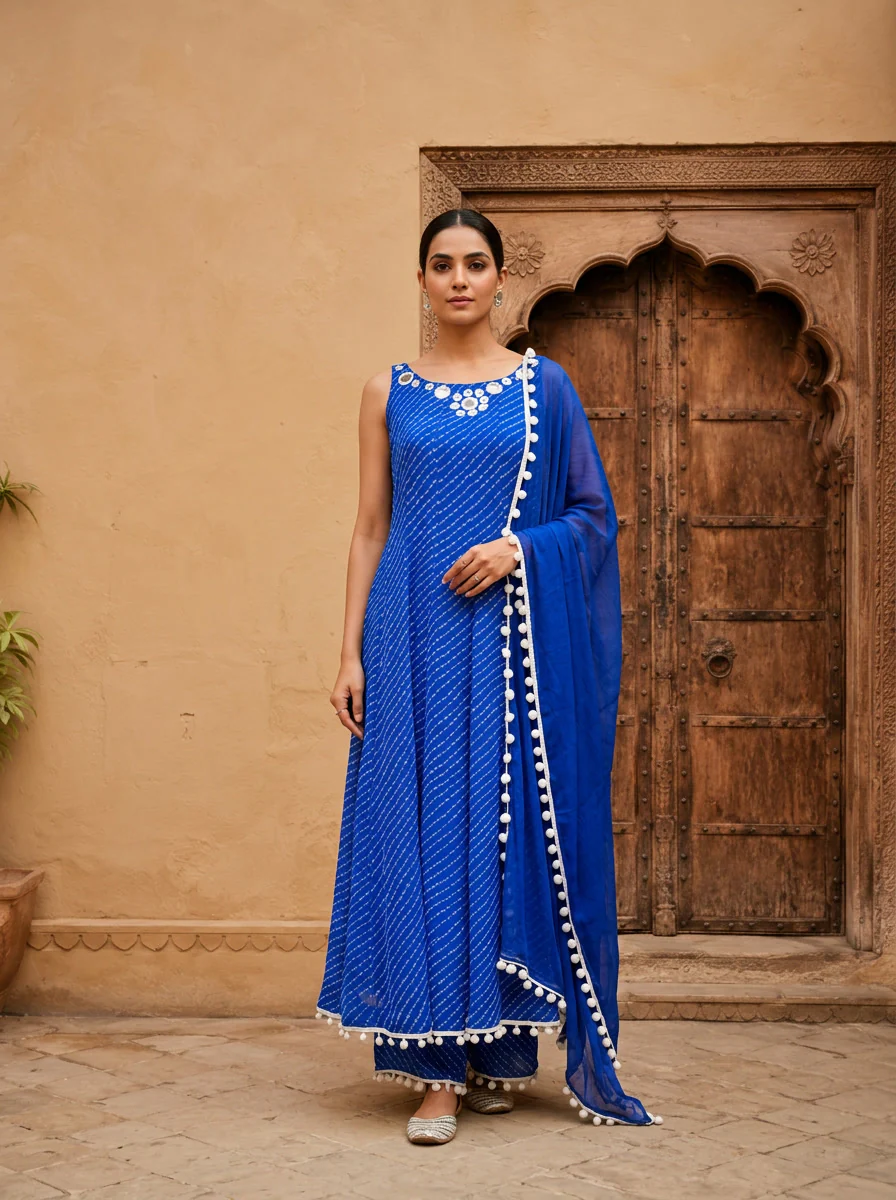 Royal Blue Georgette Leheriya Printed Three Piece Set - Image 2
